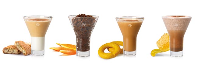 Da sinistra: 1 - Caffè greco con crema di maroni, 2 - Granita al caffè con scorze d'arancio, 3 - illy tiramisù ed Essi Buranèi, 4 - leggero fondente con miele di Sardegna, in apertura - caffè viennese aromatizzato allo Zenzero