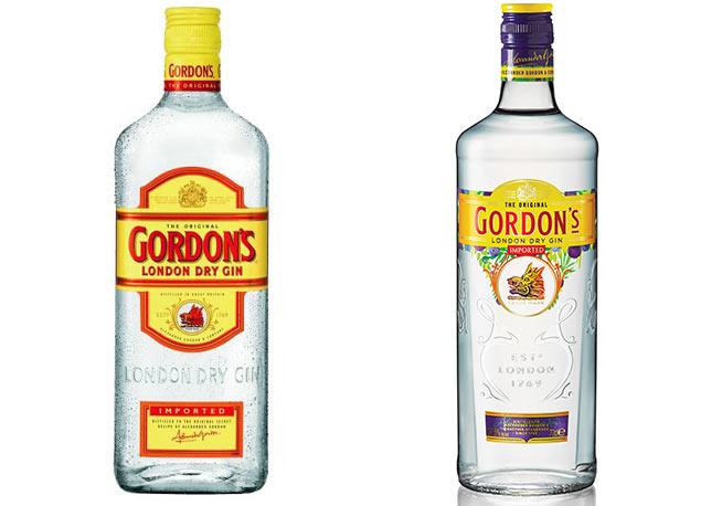 Il confronto tra la vecchia bottiglia di Gordon's London Dry Gin sulla sinistra e la nuova sulla destra